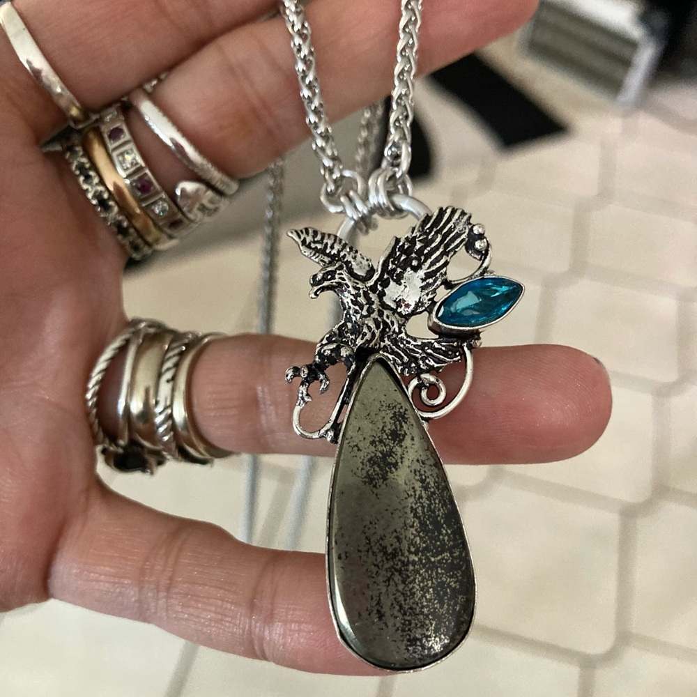 Blue topaz & golden black pyrite gemstone eagle charm boho necklace - Picture 14 of 16